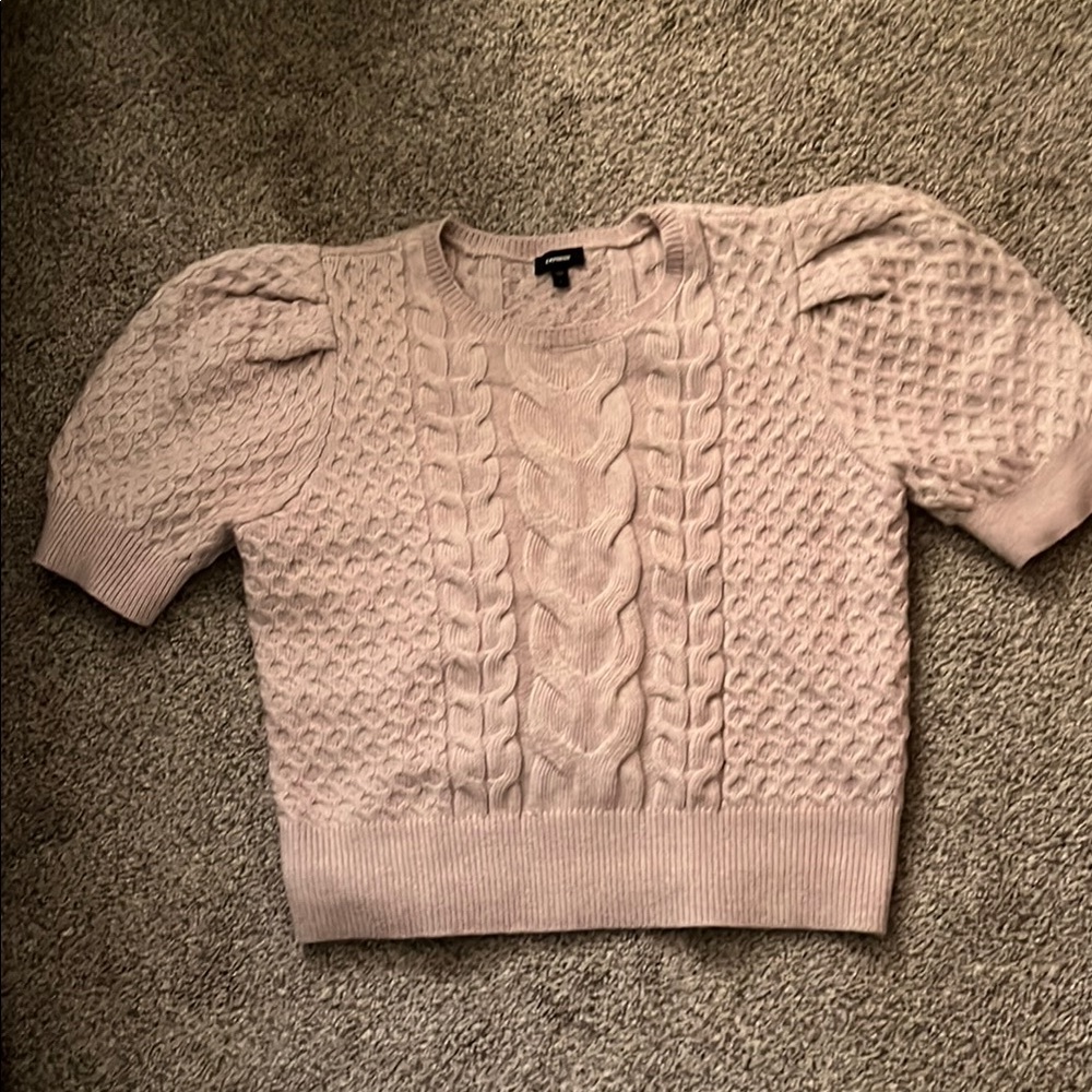 Express Cream Crew Neck Sweater with Intricate Knit Design